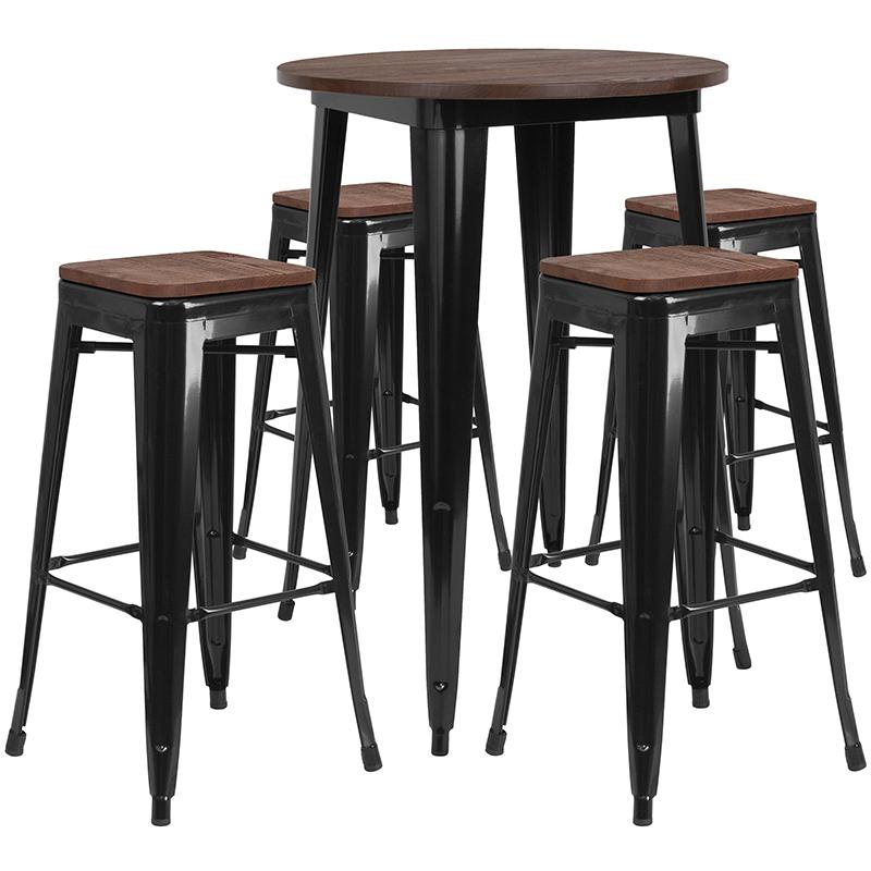 Flash Furniture 30" Round Black Metal Bar Table Set with Wood Top and 4 Backless Stools - CH-WD-TBCH-26-GG