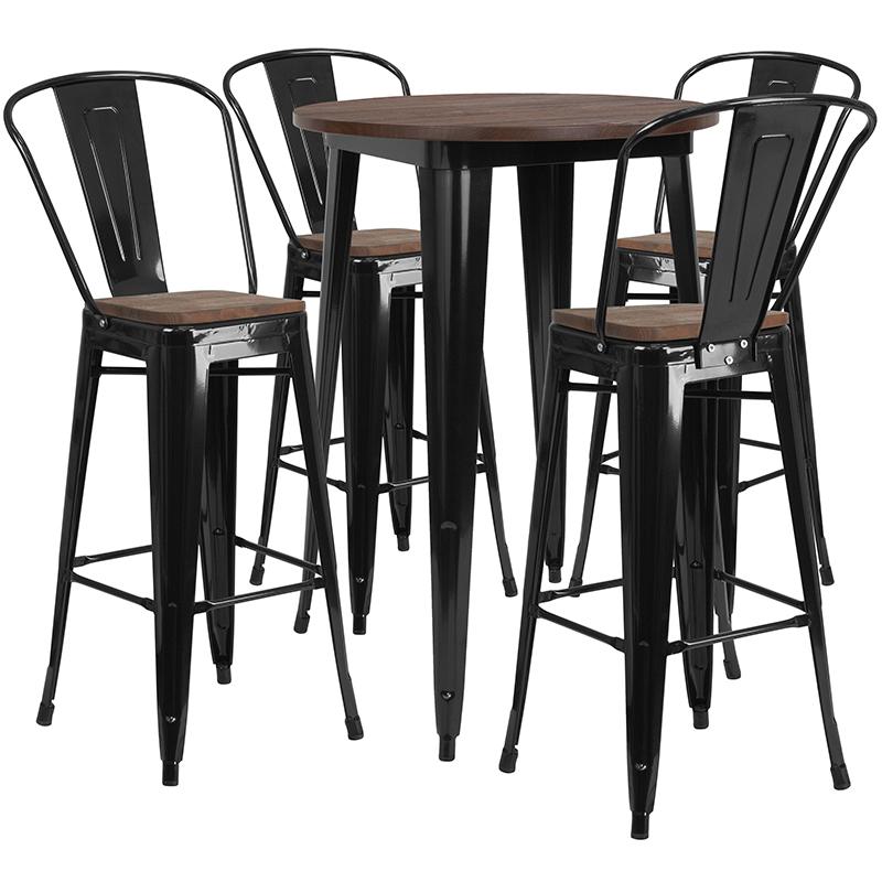 Flash Furniture 30" Round Black Metal Bar Table Set with Wood Top and 4 Stools - CH-WD-TBCH-25-GG
