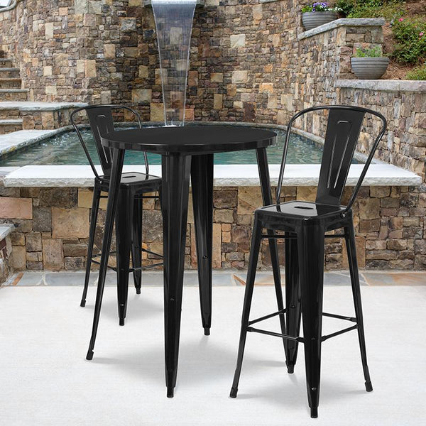 Flash Furniture 30'' Round Black Metal Indoor-Outdoor Bar Table Set with 2 Cafe Stools - CH-51090BH-2-30CAFE-BK-GG