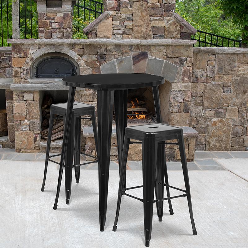 Flash Furniture 30'' Round Black Metal Indoor-Outdoor Bar Table Set with 2 Square Seat Backless Stools - CH-51090BH-2-30SQST-BK-GG
