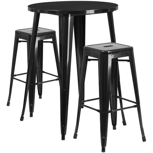 Flash Furniture 30'' Round Black Metal Indoor-Outdoor Bar Table Set with 2 Square Seat Backless Stools - CH-51090BH-2-30SQST-BK-GG