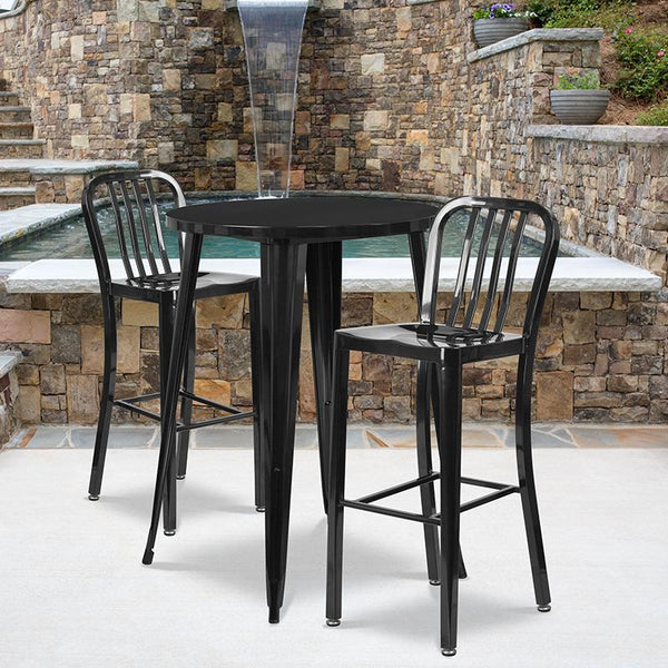 Flash Furniture 30'' Round Black Metal Indoor-Outdoor Bar Table Set with 2 Vertical Slat Back Stools - CH-51090BH-2-30VRT-BK-GG