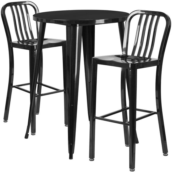 Flash Furniture 30'' Round Black Metal Indoor-Outdoor Bar Table Set with 2 Vertical Slat Back Stools - CH-51090BH-2-30VRT-BK-GG