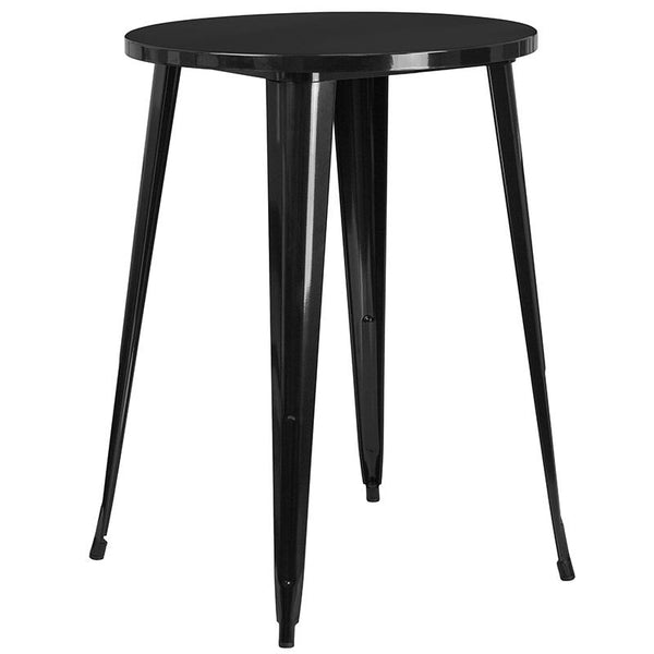 Flash Furniture 30'' Round Black Metal Indoor-Outdoor Bar Table Set with 2 Vertical Slat Back Stools - CH-51090BH-2-30VRT-BK-GG