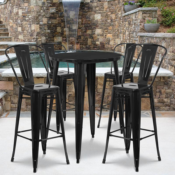 Flash Furniture 30'' Round Black Metal Indoor-Outdoor Bar Table Set with 4 Cafe Stools - CH-51090BH-4-30CAFE-BK-GG