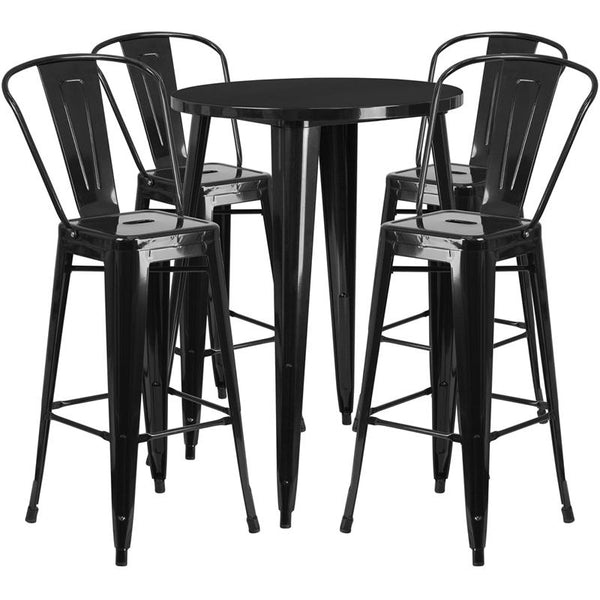 Flash Furniture 30'' Round Black Metal Indoor-Outdoor Bar Table Set with 4 Cafe Stools - CH-51090BH-4-30CAFE-BK-GG