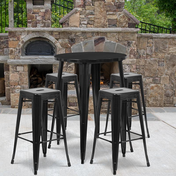 Flash Furniture 30'' Round Black Metal Indoor-Outdoor Bar Table Set with 4 Square Seat Backless Stools - CH-51090BH-4-30SQST-BK-GG