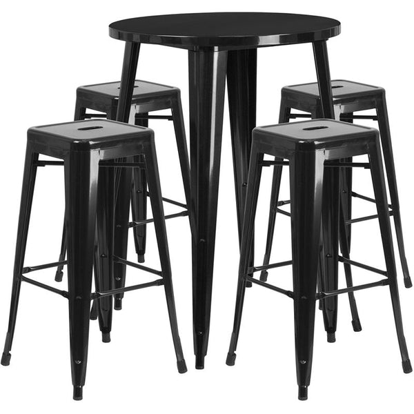 Flash Furniture 30'' Round Black Metal Indoor-Outdoor Bar Table Set with 4 Square Seat Backless Stools - CH-51090BH-4-30SQST-BK-GG