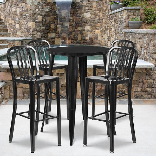 Flash Furniture 30'' Round Black Metal Indoor-Outdoor Bar Table Set with 4 Vertical Slat Back Stools - CH-51090BH-4-30VRT-BK-GG