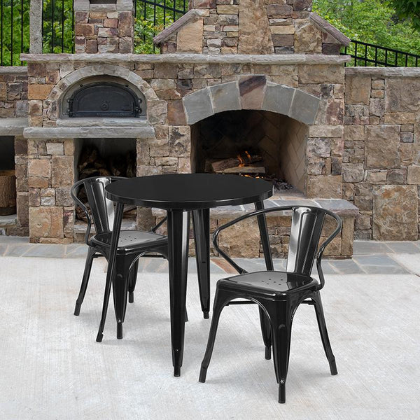 Flash Furniture 30'' Round Black Metal Indoor-Outdoor Table Set with 2 Arm Chairs - CH-51090TH-2-18ARM-BK-GG