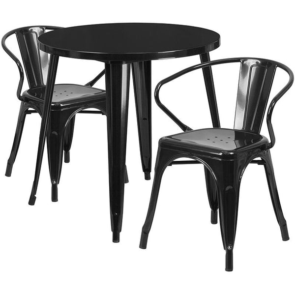 Flash Furniture 30'' Round Black Metal Indoor-Outdoor Table Set with 2 Arm Chairs - CH-51090TH-2-18ARM-BK-GG