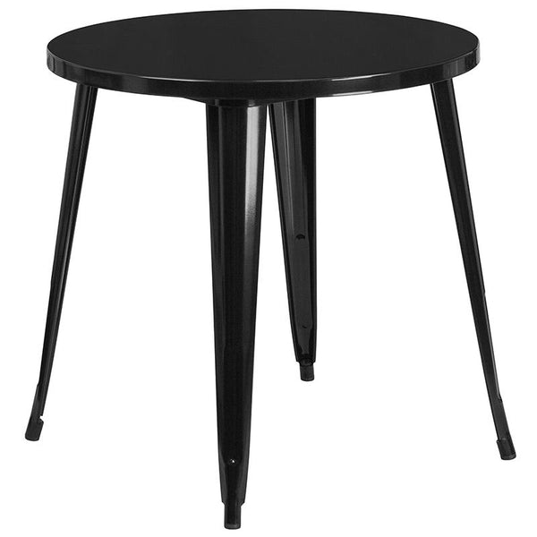 Flash Furniture 30'' Round Black Metal Indoor-Outdoor Table Set with 2 Vertical Slat Back Chairs - CH-51090TH-2-18VRT-BK-GG