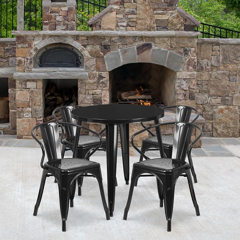 Flash Furniture 30'' Round Black Metal Indoor-Outdoor Table Set with 4 Arm Chairs - CH-51090TH-4-18ARM-BK-GG
