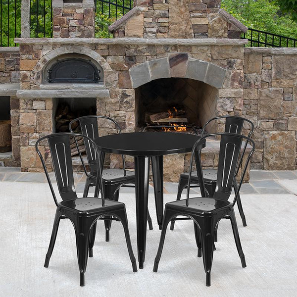 Flash Furniture 30'' Round Black Metal Indoor-Outdoor Table Set with 4 Cafe Chairs - CH-51090TH-4-18CAFE-BK-GG