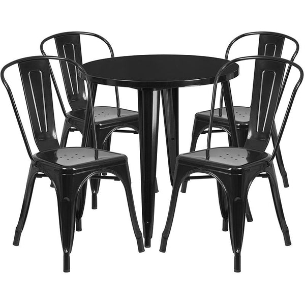 Flash Furniture 30'' Round Black Metal Indoor-Outdoor Table Set with 4 Cafe Chairs - CH-51090TH-4-18CAFE-BK-GG