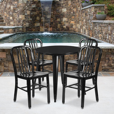 Flash Furniture 30'' Round Black Metal Indoor-Outdoor Table Set with 4 Vertical Slat Back Chairs - CH-51090TH-4-18VRT-BK-GG