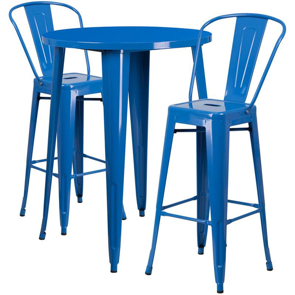 Flash Furniture 30'' Round Blue Metal Indoor-Outdoor Bar Table Set with 2 Cafe Stools - CH-51090BH-2-30CAFE-BL-GG