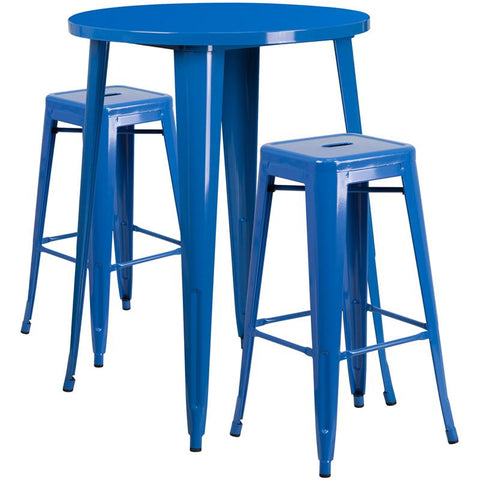 Flash Furniture 30'' Round Blue Metal Indoor-Outdoor Bar Table Set with 2 Square Seat Backless Stools - CH-51090BH-2-30SQST-BL-GG