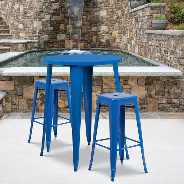 Flash Furniture 30'' Round Blue Metal Indoor-Outdoor Bar Table Set with 2 Square Seat Backless Stools - CH-51090BH-2-30SQST-BL-GG