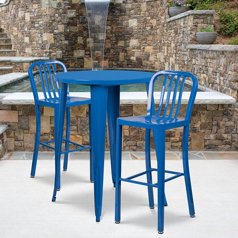 Flash Furniture 30'' Round Blue Metal Indoor-Outdoor Bar Table Set with 2 Vertical Slat Back Stools - CH-51090BH-2-30VRT-BL-GG