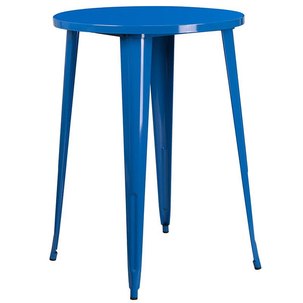 Flash Furniture 30'' Round Blue Metal Indoor-Outdoor Bar Table Set with 2 Vertical Slat Back Stools - CH-51090BH-2-30VRT-BL-GG