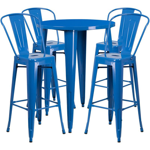 Flash Furniture 30'' Round Blue Metal Indoor-Outdoor Bar Table Set with 4 Cafe Stools - CH-51090BH-4-30CAFE-BL-GG