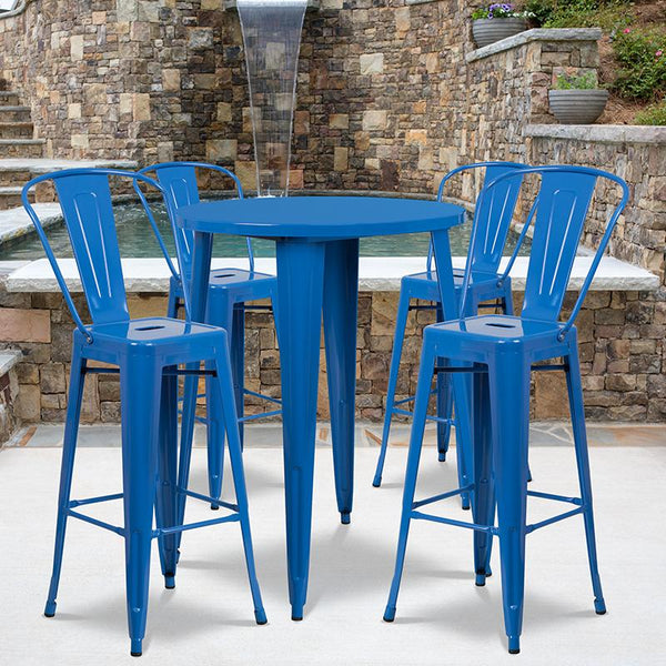 Flash Furniture 30'' Round Blue Metal Indoor-Outdoor Bar Table Set with 4 Cafe Stools - CH-51090BH-4-30CAFE-BL-GG