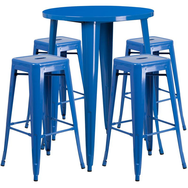 Flash Furniture 30'' Round Blue Metal Indoor-Outdoor Bar Table Set with 4 Square Seat Backless Stools - CH-51090BH-4-30SQST-BL-GG