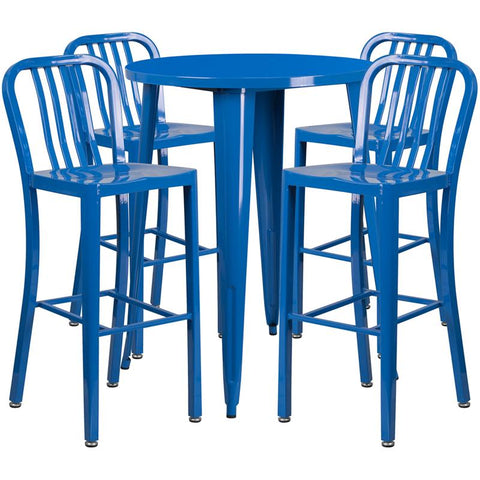 Flash Furniture 30'' Round Blue Metal Indoor-Outdoor Bar Table Set with 4 Vertical Slat Back Stools - CH-51090BH-4-30VRT-BL-GG