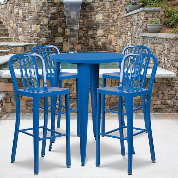 Flash Furniture 30'' Round Blue Metal Indoor-Outdoor Bar Table Set with 4 Vertical Slat Back Stools - CH-51090BH-4-30VRT-BL-GG