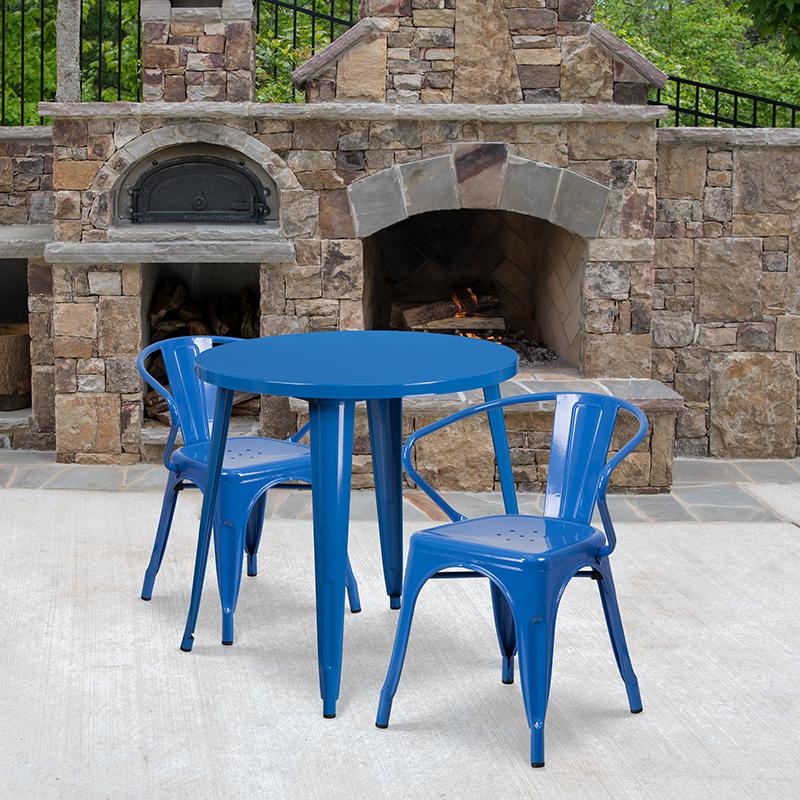 Flash Furniture 30'' Round Blue Metal Indoor-Outdoor Table Set with 2 Arm Chairs - CH-51090TH-2-18ARM-BL-GG
