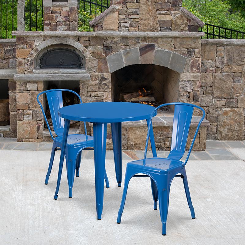 Flash Furniture 30'' Round Blue Metal Indoor-Outdoor Table Set with 2 Cafe Chairs - CH-51090TH-2-18CAFE-BL-GG