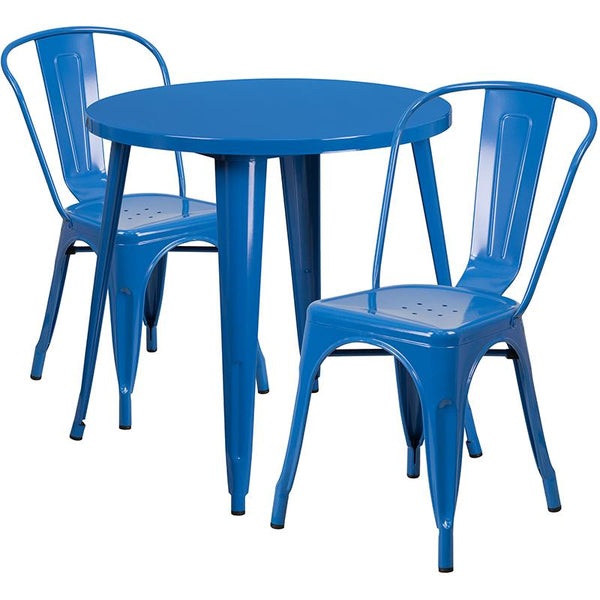 Flash Furniture 30'' Round Blue Metal Indoor-Outdoor Table Set with 2 Cafe Chairs - CH-51090TH-2-18CAFE-BL-GG