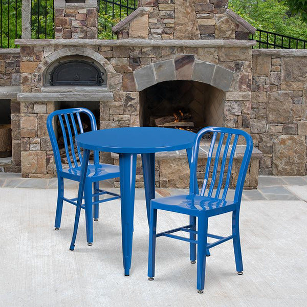 Flash Furniture 30'' Round Blue Metal Indoor-Outdoor Table Set with 2 Vertical Slat Back Chairs - CH-51090TH-2-18VRT-BL-GG