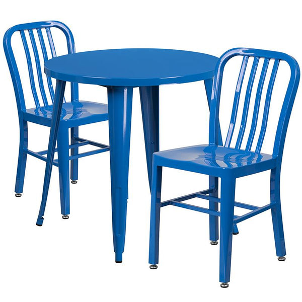 Flash Furniture 30'' Round Blue Metal Indoor-Outdoor Table Set with 2 Vertical Slat Back Chairs - CH-51090TH-2-18VRT-BL-GG