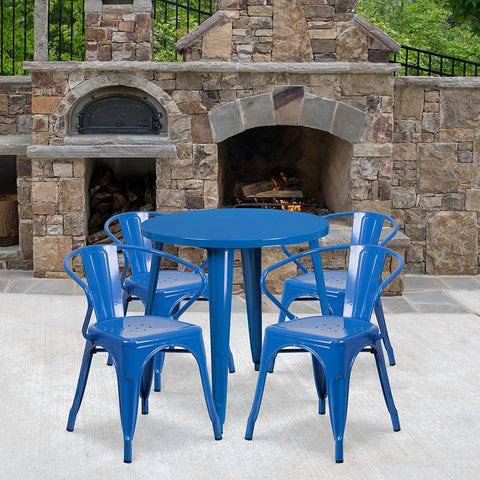 Flash Furniture 30'' Round Blue Metal Indoor-Outdoor Table Set with 4 Arm Chairs - CH-51090TH-4-18ARM-BL-GG