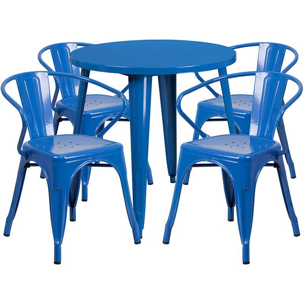 Flash Furniture 30'' Round Blue Metal Indoor-Outdoor Table Set with 4 Arm Chairs - CH-51090TH-4-18ARM-BL-GG
