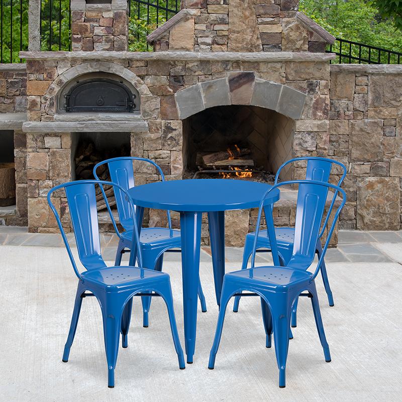 Flash Furniture 30'' Round Blue Metal Indoor-Outdoor Table Set with 4 Cafe Chairs - CH-51090TH-4-18CAFE-BL-GG