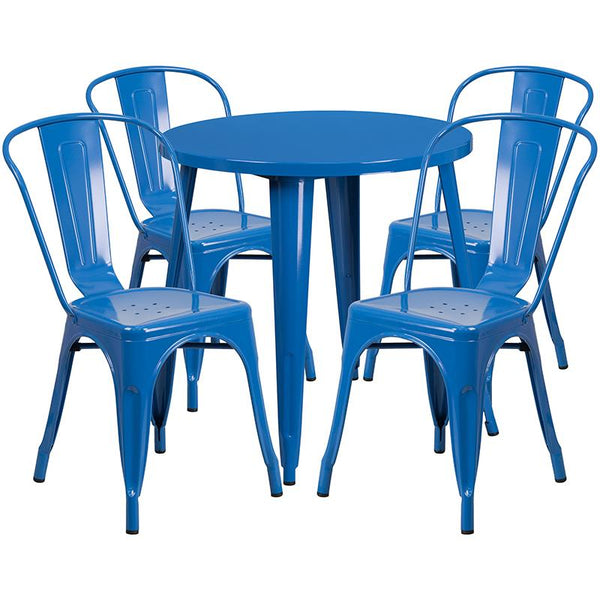 Flash Furniture 30'' Round Blue Metal Indoor-Outdoor Table Set with 4 Cafe Chairs - CH-51090TH-4-18CAFE-BL-GG