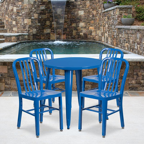 Flash Furniture 30'' Round Blue Metal Indoor-Outdoor Table Set with 4 Vertical Slat Back Chairs - CH-51090TH-4-18VRT-BL-GG