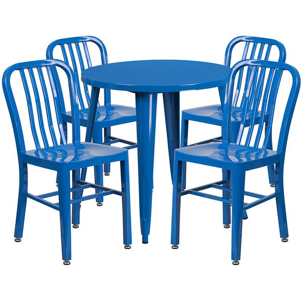 Flash Furniture 30'' Round Blue Metal Indoor-Outdoor Table Set with 4 Vertical Slat Back Chairs - CH-51090TH-4-18VRT-BL-GG