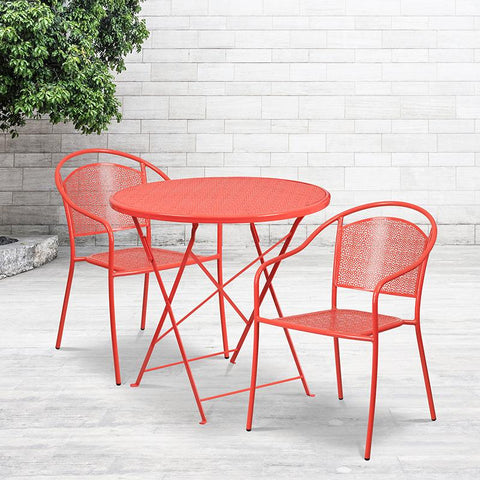Flash Furniture 30'' Round Coral Indoor-Outdoor Steel Folding Patio Table Set with 2 Round Back Chairs - CO-30RDF-03CHR2-RED-GG
