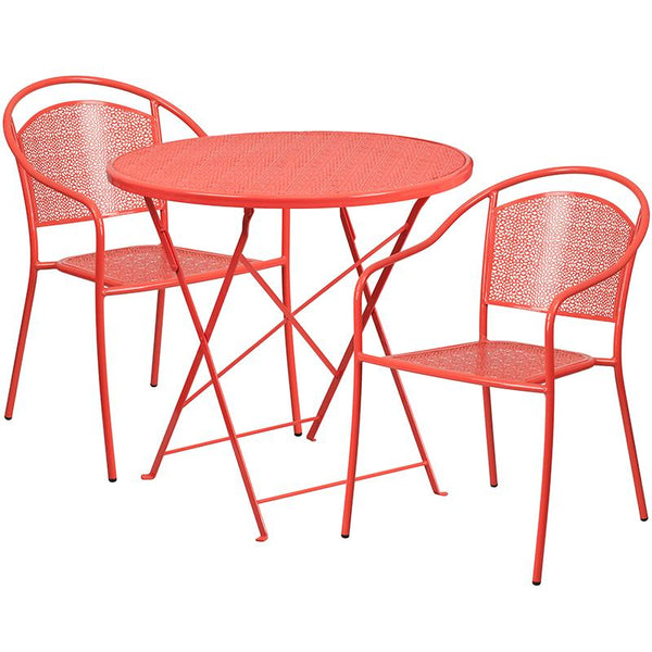 Flash Furniture 30'' Round Coral Indoor-Outdoor Steel Folding Patio Table Set with 2 Round Back Chairs - CO-30RDF-03CHR2-RED-GG