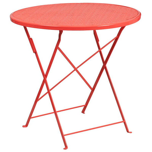 Flash Furniture 30'' Round Coral Indoor-Outdoor Steel Folding Patio Table Set with 2 Round Back Chairs - CO-30RDF-03CHR2-RED-GG