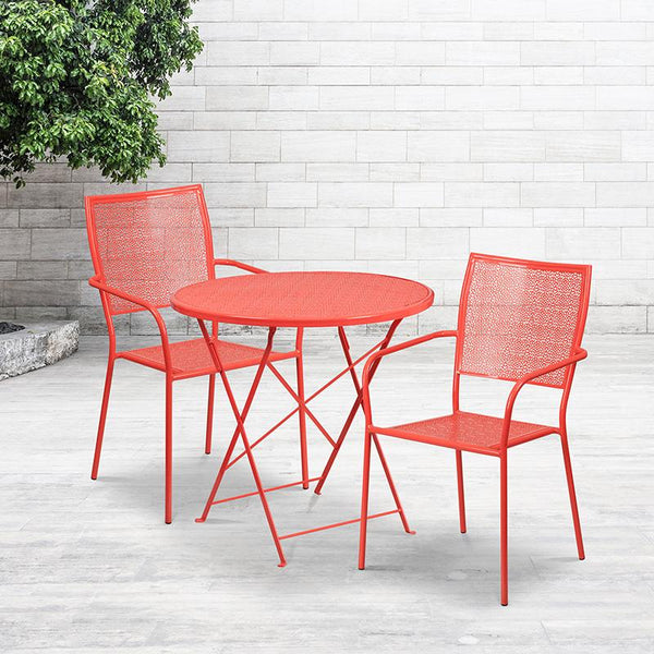 Flash Furniture 30'' Round Coral Indoor-Outdoor Steel Folding Patio Table Set with 2 Square Back Chairs - CO-30RDF-02CHR2-RED-GG