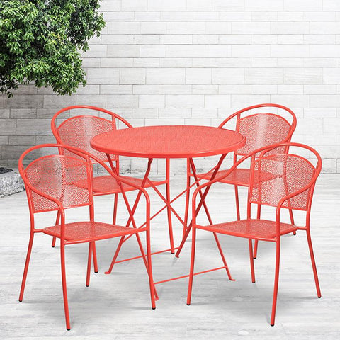 Flash Furniture 30'' Round Coral Indoor-Outdoor Steel Folding Patio Table Set with 4 Round Back Chairs - CO-30RDF-03CHR4-RED-GG