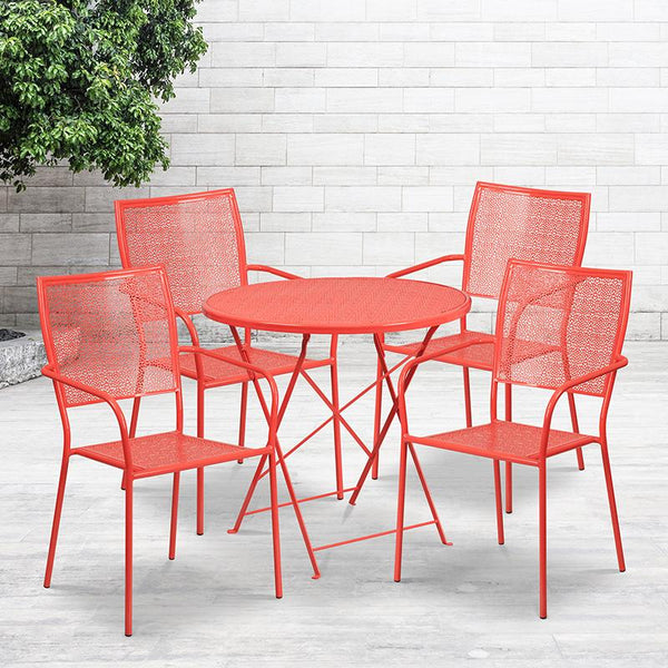 Flash Furniture 30'' Round Coral Indoor-Outdoor Steel Folding Patio Table Set with 4 Square Back Chairs - CO-30RDF-02CHR4-RED-GG