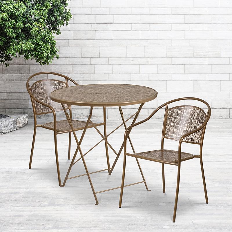 Flash Furniture 30'' Round Gold Indoor-Outdoor Steel Folding Patio Table Set with 2 Round Back Chairs - CO-30RDF-03CHR2-GD-GG