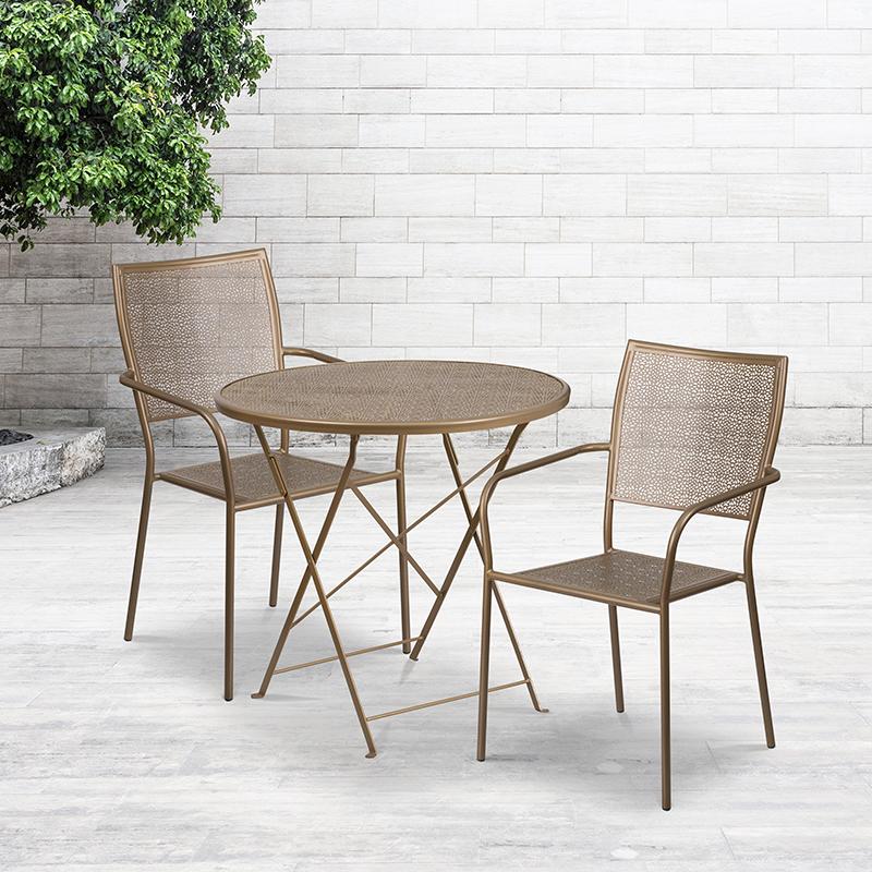 Flash Furniture 30'' Round Gold Indoor-Outdoor Steel Folding Patio Table Set with 2 Square Back Chairs - CO-30RDF-02CHR2-GD-GG