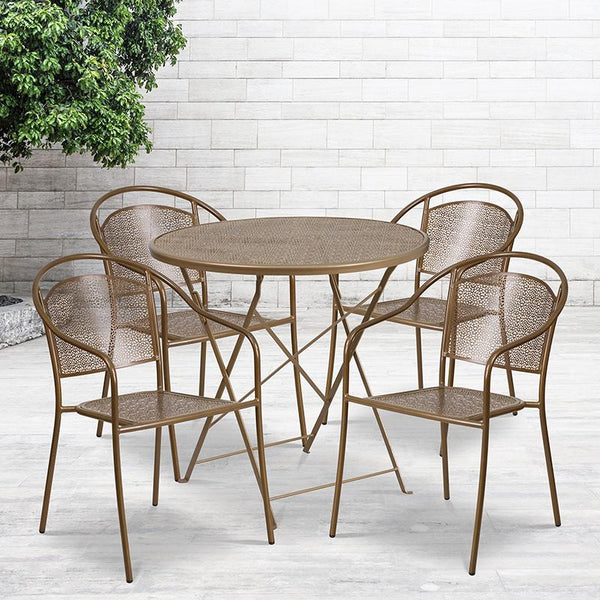 Flash Furniture 30'' Round Gold Indoor-Outdoor Steel Folding Patio Table Set with 4 Round Back Chairs - CO-30RDF-03CHR4-GD-GG